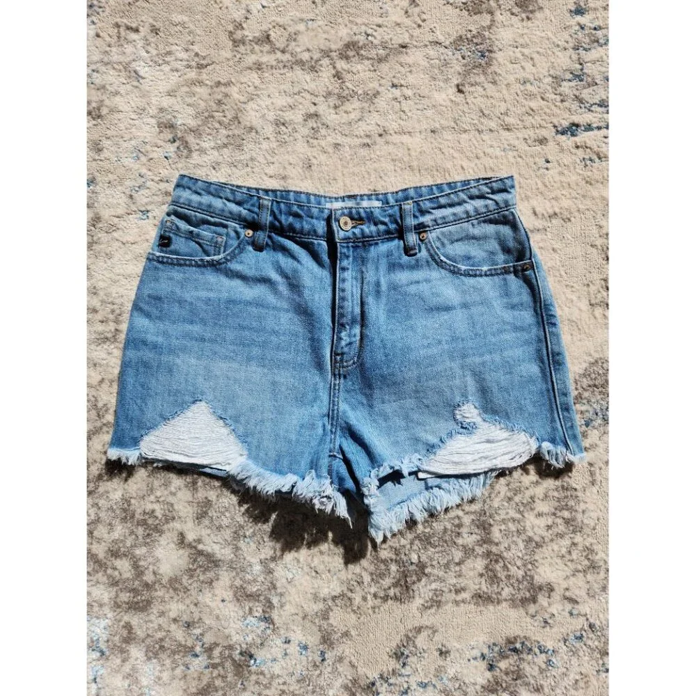KanCan Women's Size‎ 27 Medium Wash Frayed Hem Denim Shorts